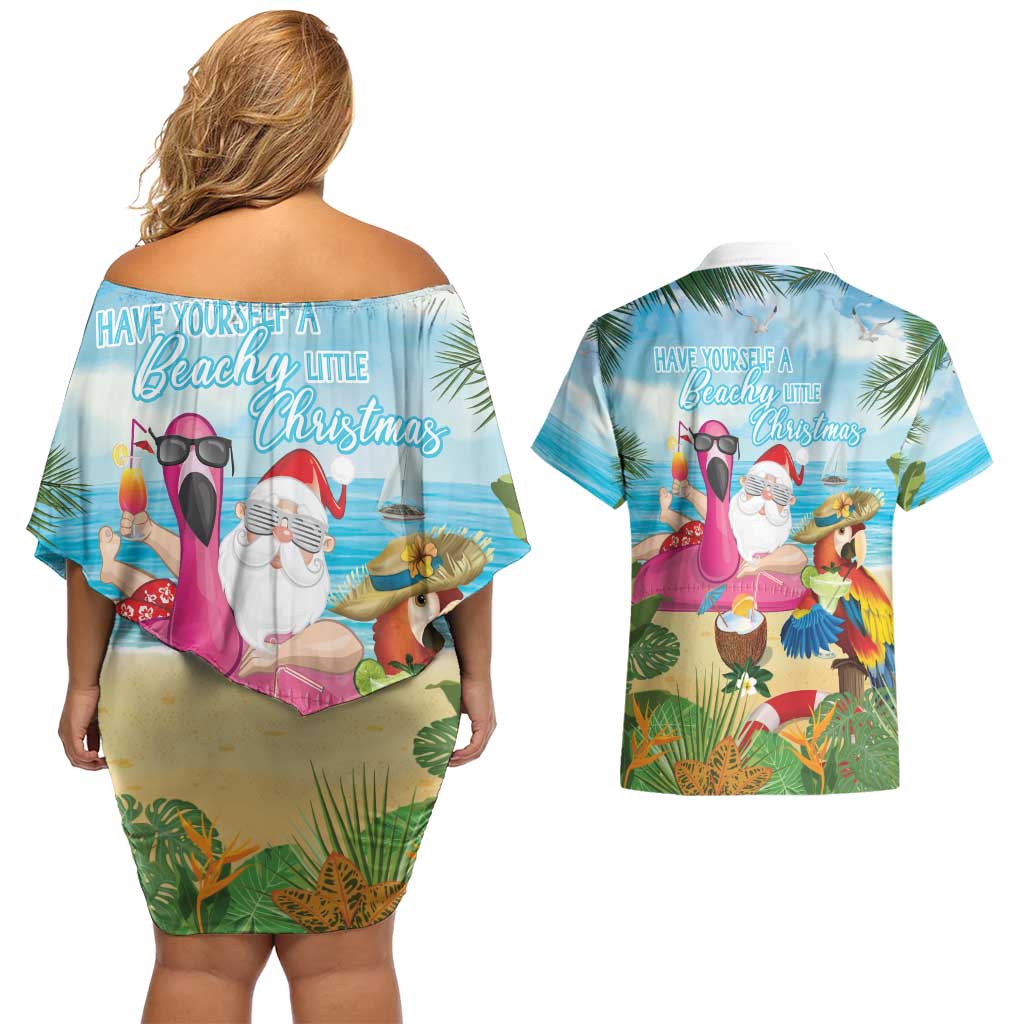 Have Yourself A Beachy Little Christmas Couples Matching Off Shoulder Short Dress and Hawaiian Shirt with Santa Chilling - Wonder Print Shop
