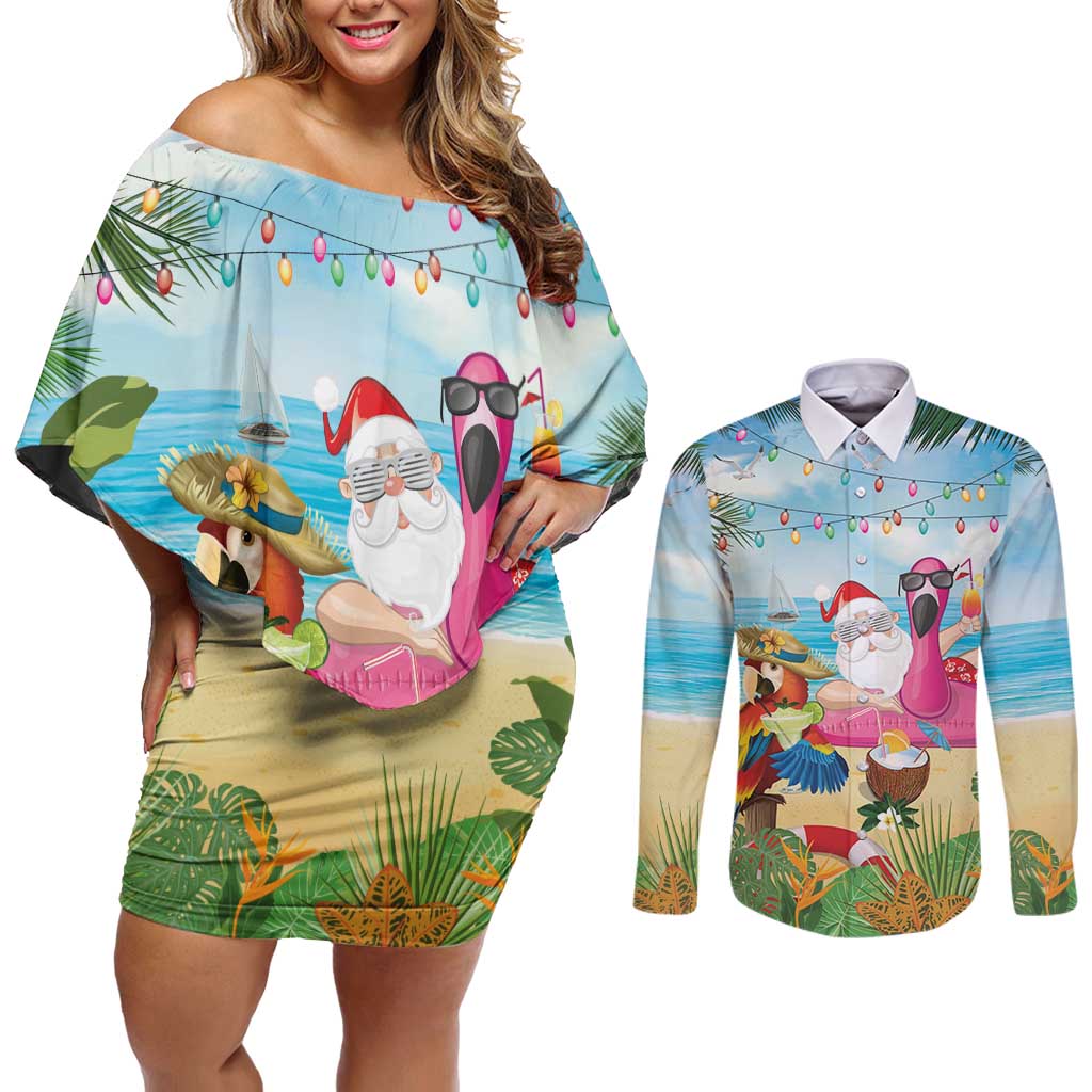 Have Yourself A Beachy Little Christmas Couples Matching Off Shoulder Short Dress and Long Sleeve Button Shirt with Santa Chilling - Wonder Print Shop