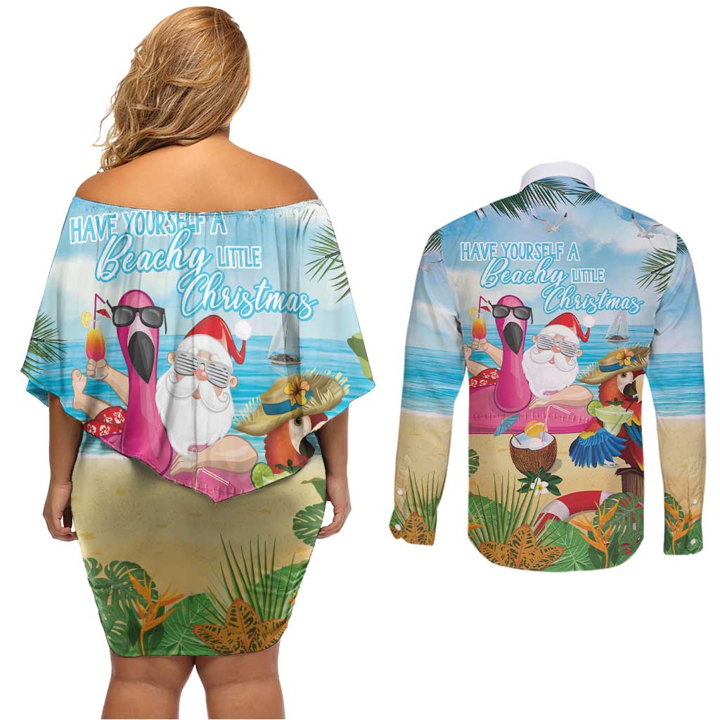 Have Yourself A Beachy Little Christmas Couples Matching Off Shoulder Short Dress and Long Sleeve Button Shirt with Santa Chilling - Wonder Print Shop