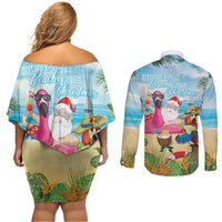 Have Yourself A Beachy Little Christmas Couples Matching Off Shoulder Short Dress and Long Sleeve Button Shirt with Santa Chilling - Wonder Print Shop