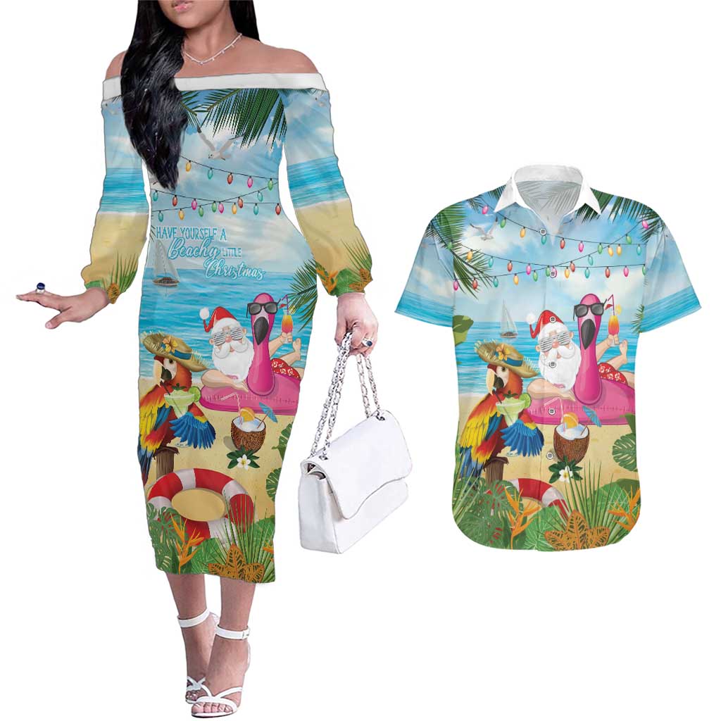 Have Yourself A Beachy Little Christmas Couples Matching Off The Shoulder Long Sleeve Dress and Hawaiian Shirt with Santa Chilling - Wonder Print Shop