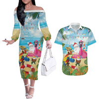 Have Yourself A Beachy Little Christmas Couples Matching Off The Shoulder Long Sleeve Dress and Hawaiian Shirt with Santa Chilling - Wonder Print Shop