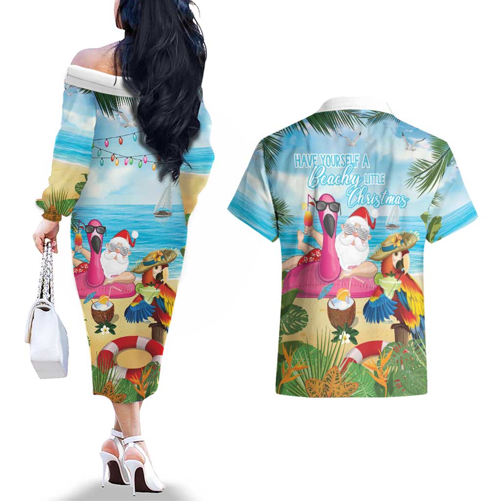 Have Yourself A Beachy Little Christmas Couples Matching Off The Shoulder Long Sleeve Dress and Hawaiian Shirt with Santa Chilling - Wonder Print Shop