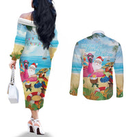 Have Yourself A Beachy Little Christmas Couples Matching Off The Shoulder Long Sleeve Dress and Long Sleeve Button Shirt with Santa Chilling - Wonder Print Shop