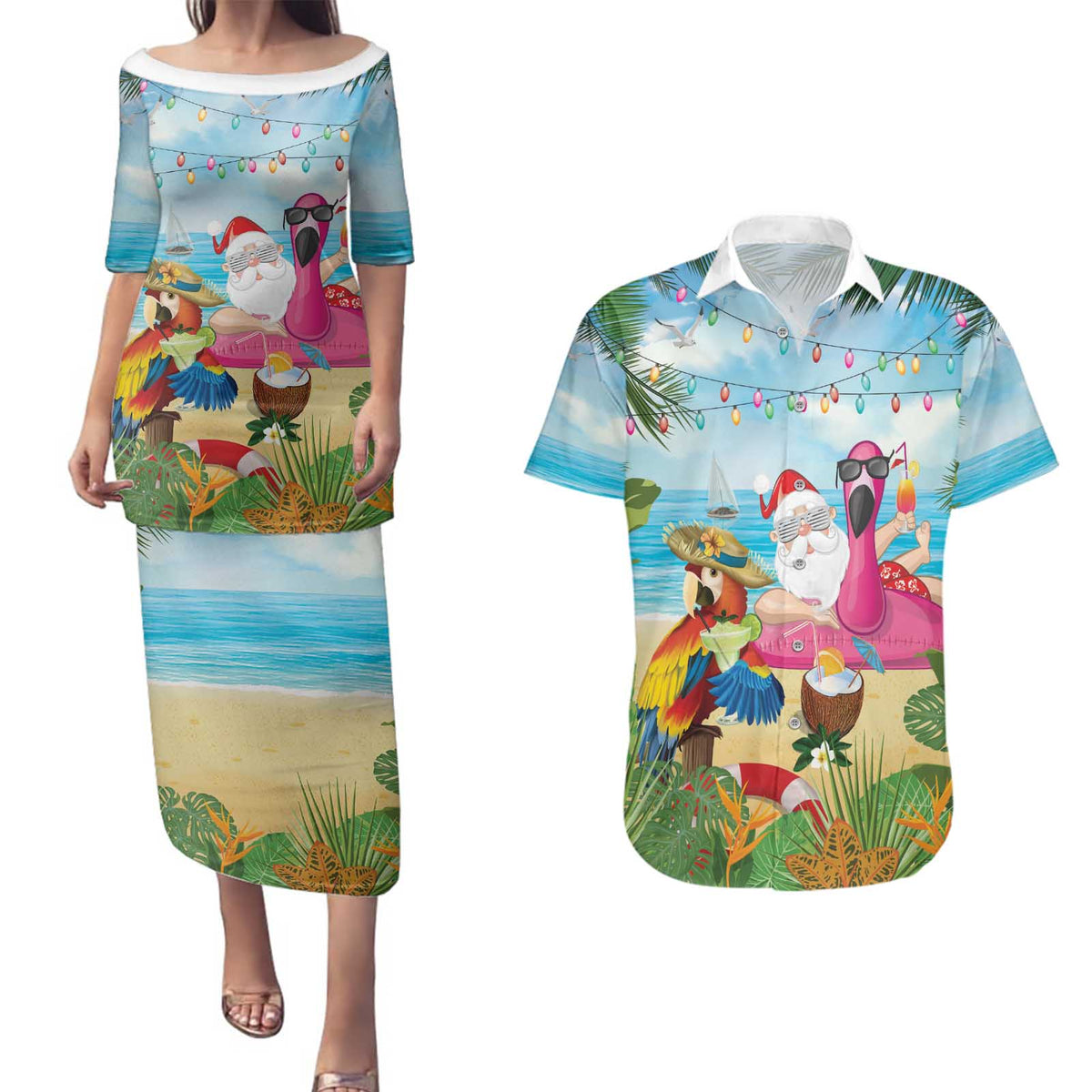 Have Yourself A Beachy Little Christmas Couples Matching Puletasi and Hawaiian Shirt with Santa Chilling - Wonder Print Shop
