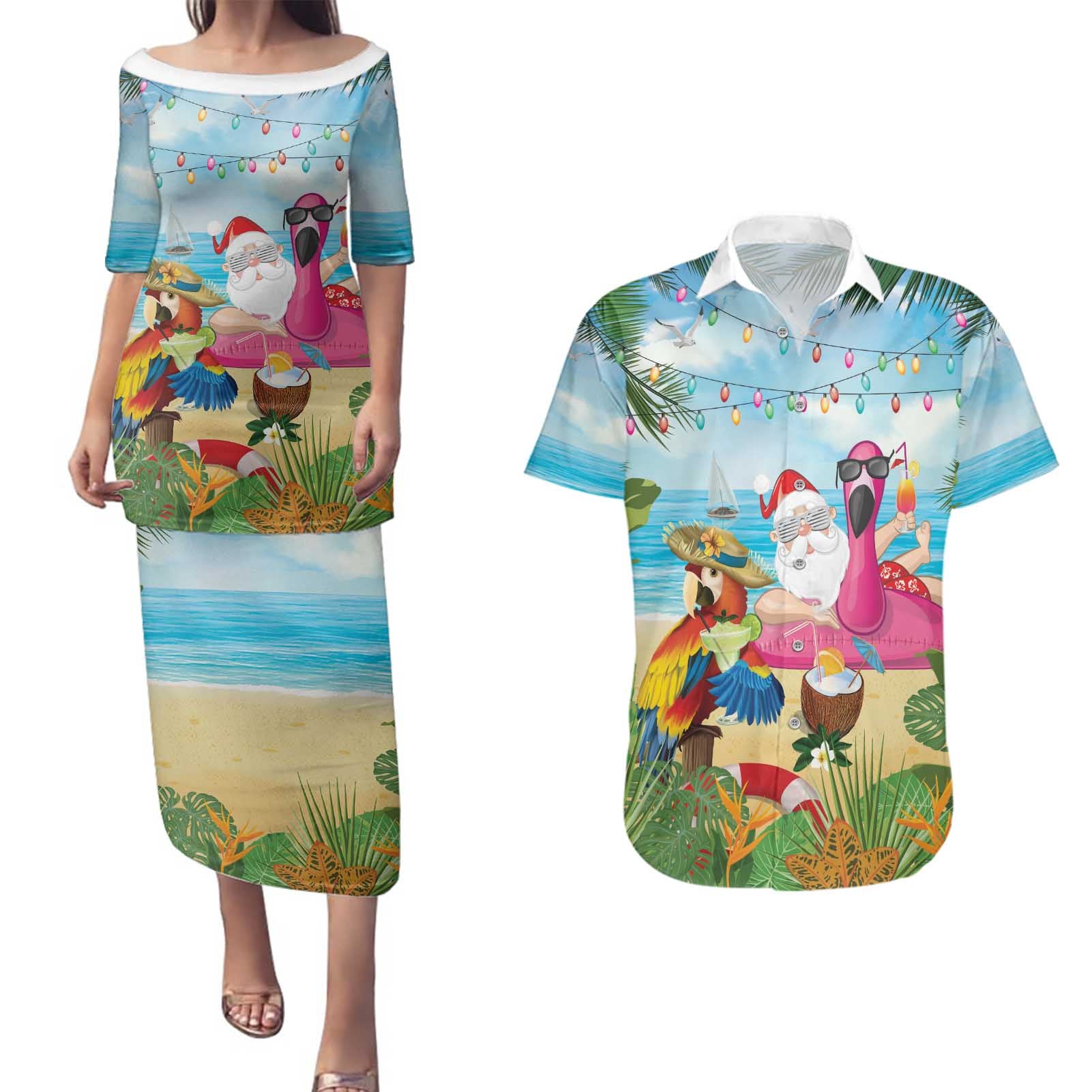 Have Yourself A Beachy Little Christmas Couples Matching Puletasi and Hawaiian Shirt with Santa Chilling - Wonder Print Shop