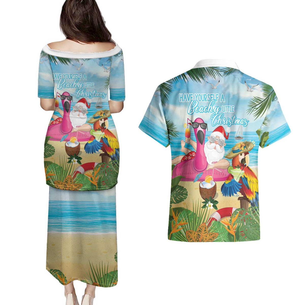 Have Yourself A Beachy Little Christmas Couples Matching Puletasi and Hawaiian Shirt with Santa Chilling - Wonder Print Shop