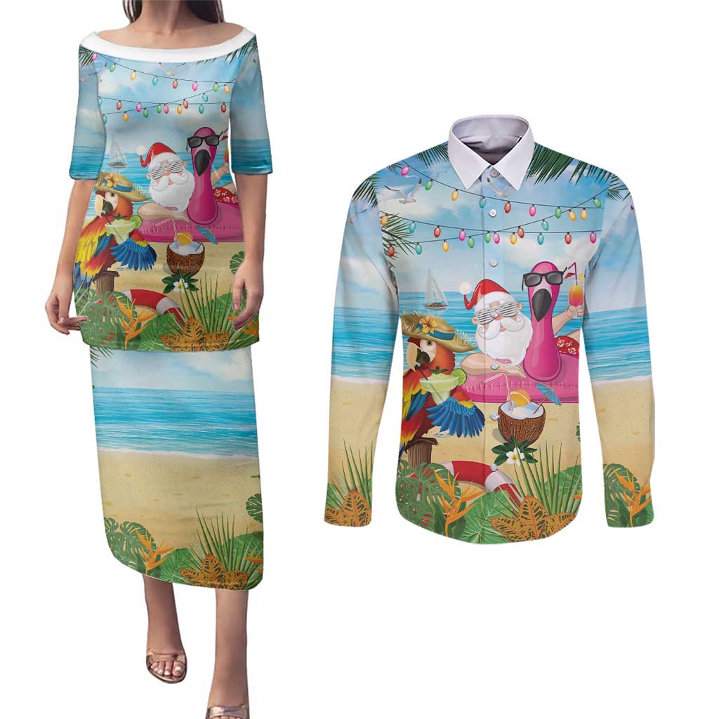 Have Yourself A Beachy Little Christmas Couples Matching Puletasi and Long Sleeve Button Shirt with Santa Chilling - Wonder Print Shop