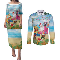 Have Yourself A Beachy Little Christmas Couples Matching Puletasi and Long Sleeve Button Shirt with Santa Chilling - Wonder Print Shop