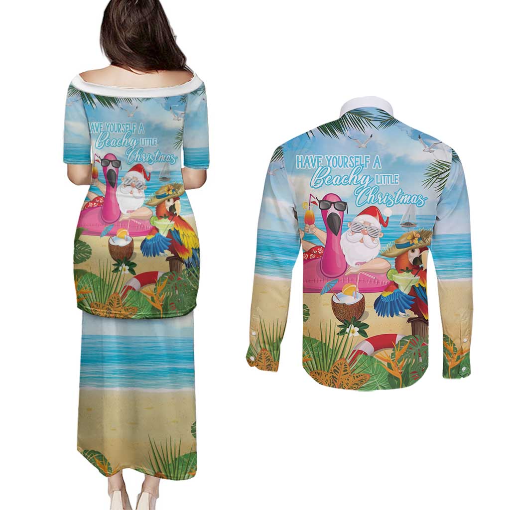 Have Yourself A Beachy Little Christmas Couples Matching Puletasi and Long Sleeve Button Shirt with Santa Chilling - Wonder Print Shop