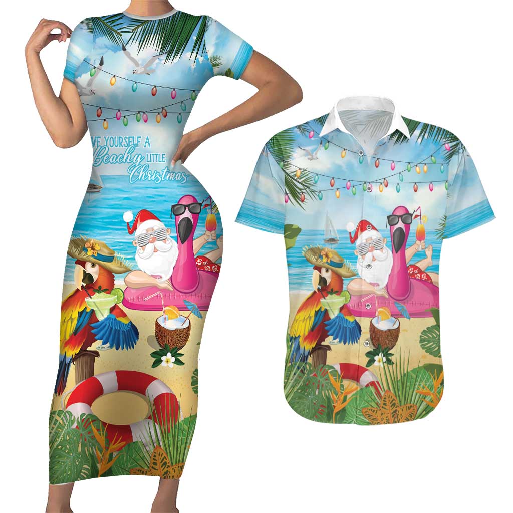 Have Yourself A Beachy Little Christmas Couples Matching Short Sleeve Bodycon Dress and Hawaiian Shirt with Santa Chilling - Wonder Print Shop