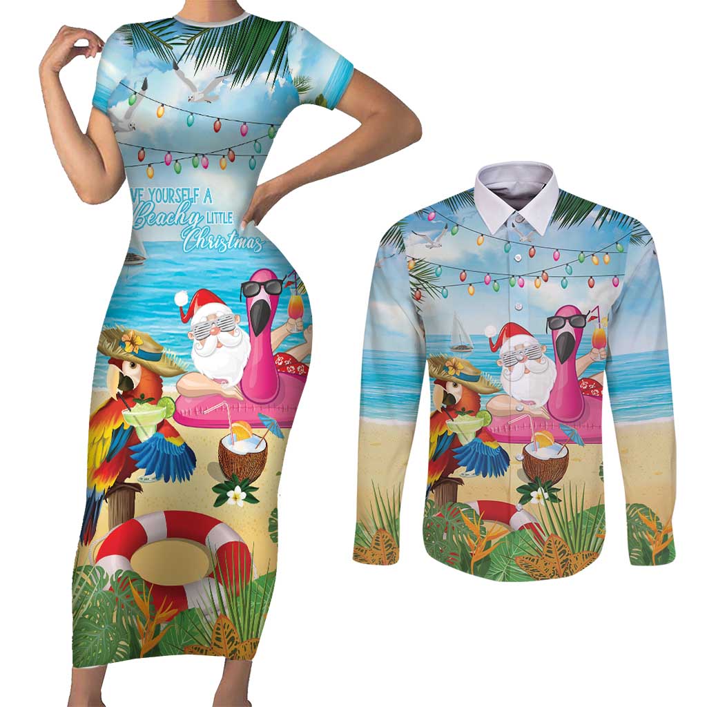 Have Yourself A Beachy Little Christmas Couples Matching Short Sleeve Bodycon Dress and Long Sleeve Button Shirt with Santa Chilling - Wonder Print Shop
