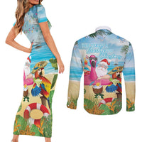 Have Yourself A Beachy Little Christmas Couples Matching Short Sleeve Bodycon Dress and Long Sleeve Button Shirt with Santa Chilling - Wonder Print Shop
