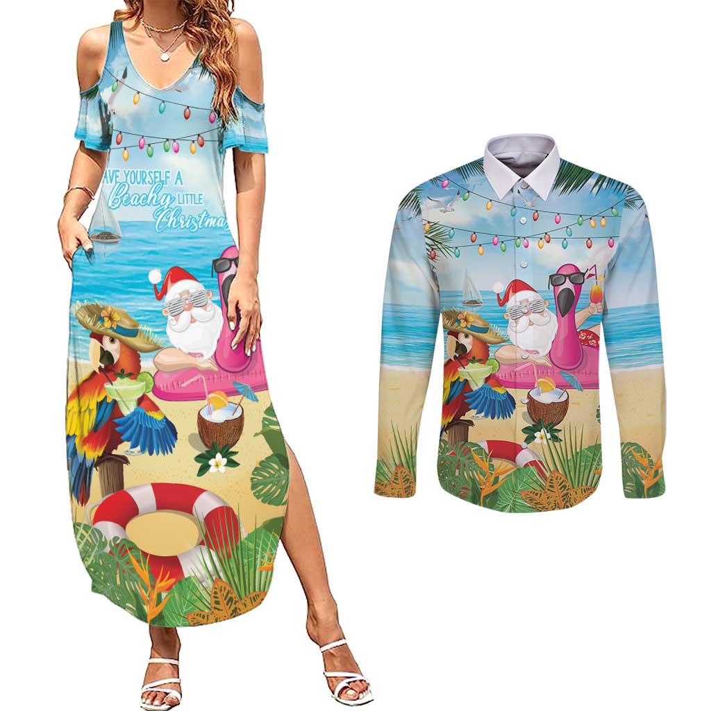 Have Yourself A Beachy Little Christmas Couples Matching Summer Maxi Dress and Long Sleeve Button Shirt with Santa Chilling - Wonder Print Shop