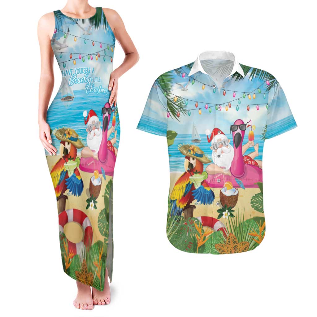 Have Yourself A Beachy Little Christmas Couples Matching Tank Maxi Dress and Hawaiian Shirt with Santa Chilling - Wonder Print Shop