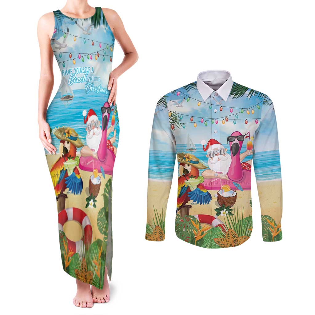 Have Yourself A Beachy Little Christmas Couples Matching Tank Maxi Dress and Long Sleeve Button Shirt with Santa Chilling - Wonder Print Shop
