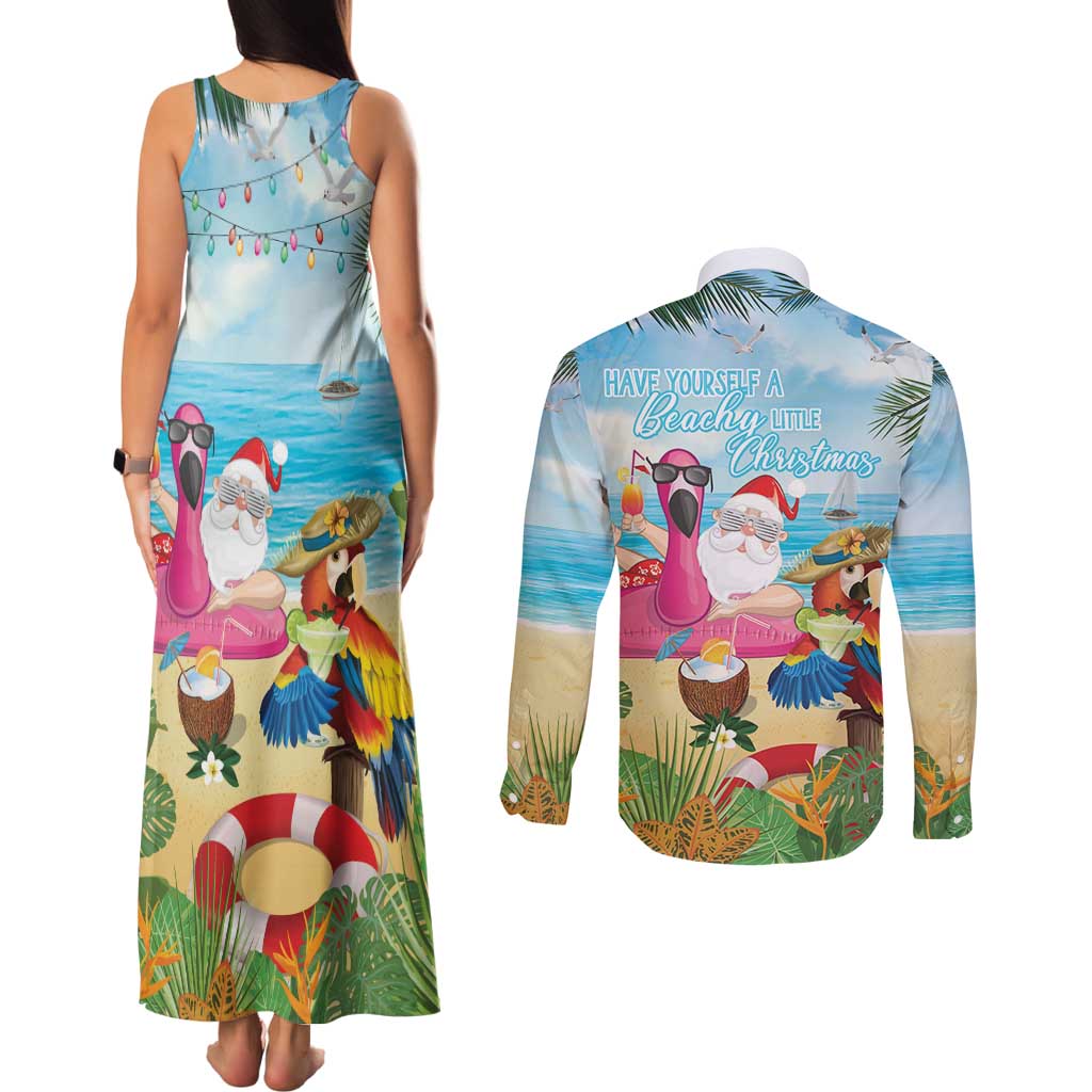 Have Yourself A Beachy Little Christmas Couples Matching Tank Maxi Dress and Long Sleeve Button Shirt with Santa Chilling - Wonder Print Shop