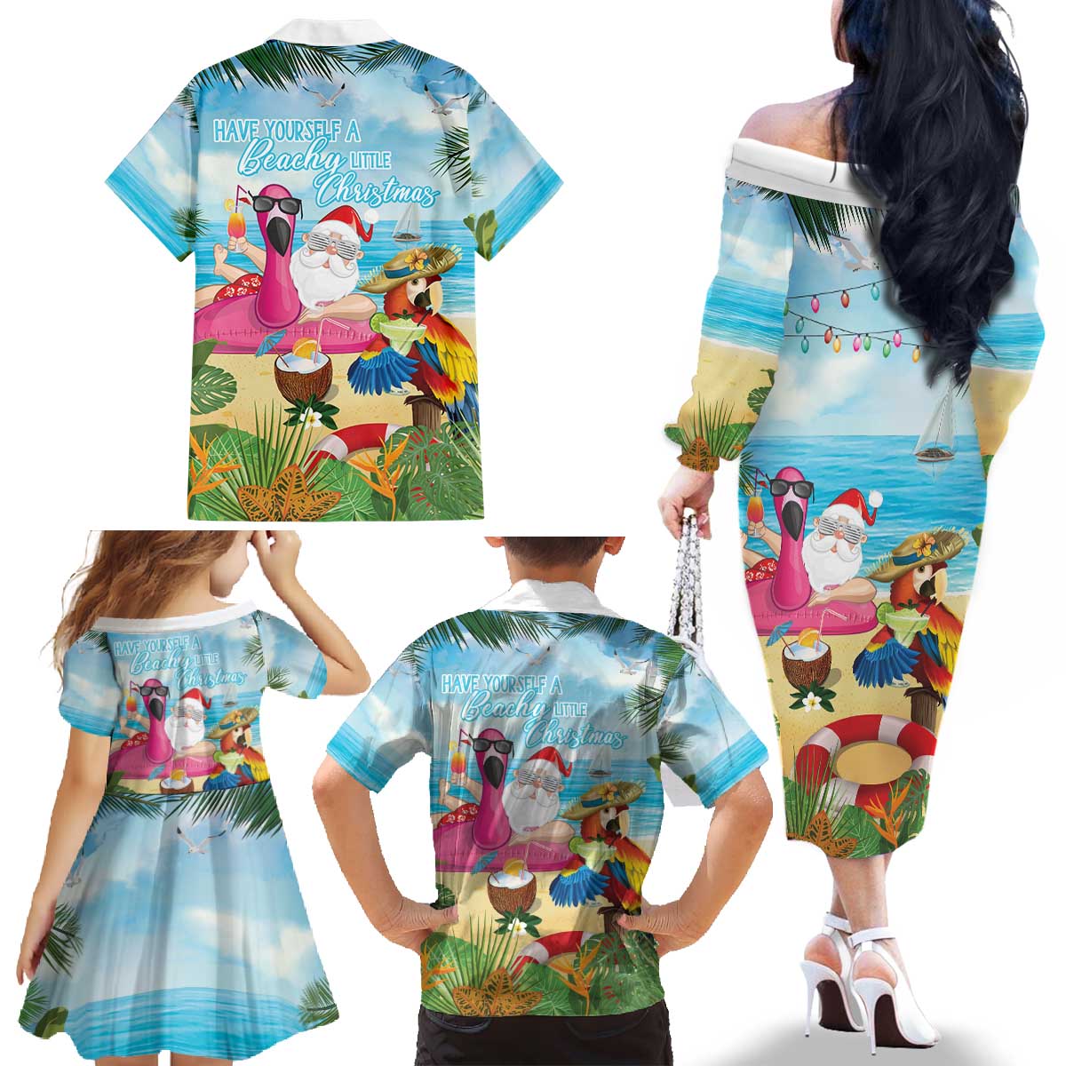Have Yourself A Beachy Little Christmas Family Matching Off The Shoulder Long Sleeve Dress and Hawaiian Shirt with Santa Chilling - Wonder Print Shop