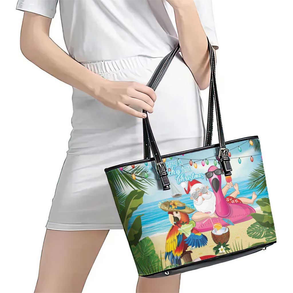 Have Yourself A Beachy Little Christmas Leather Tote Bag with Santa Chilling - Wonder Print Shop