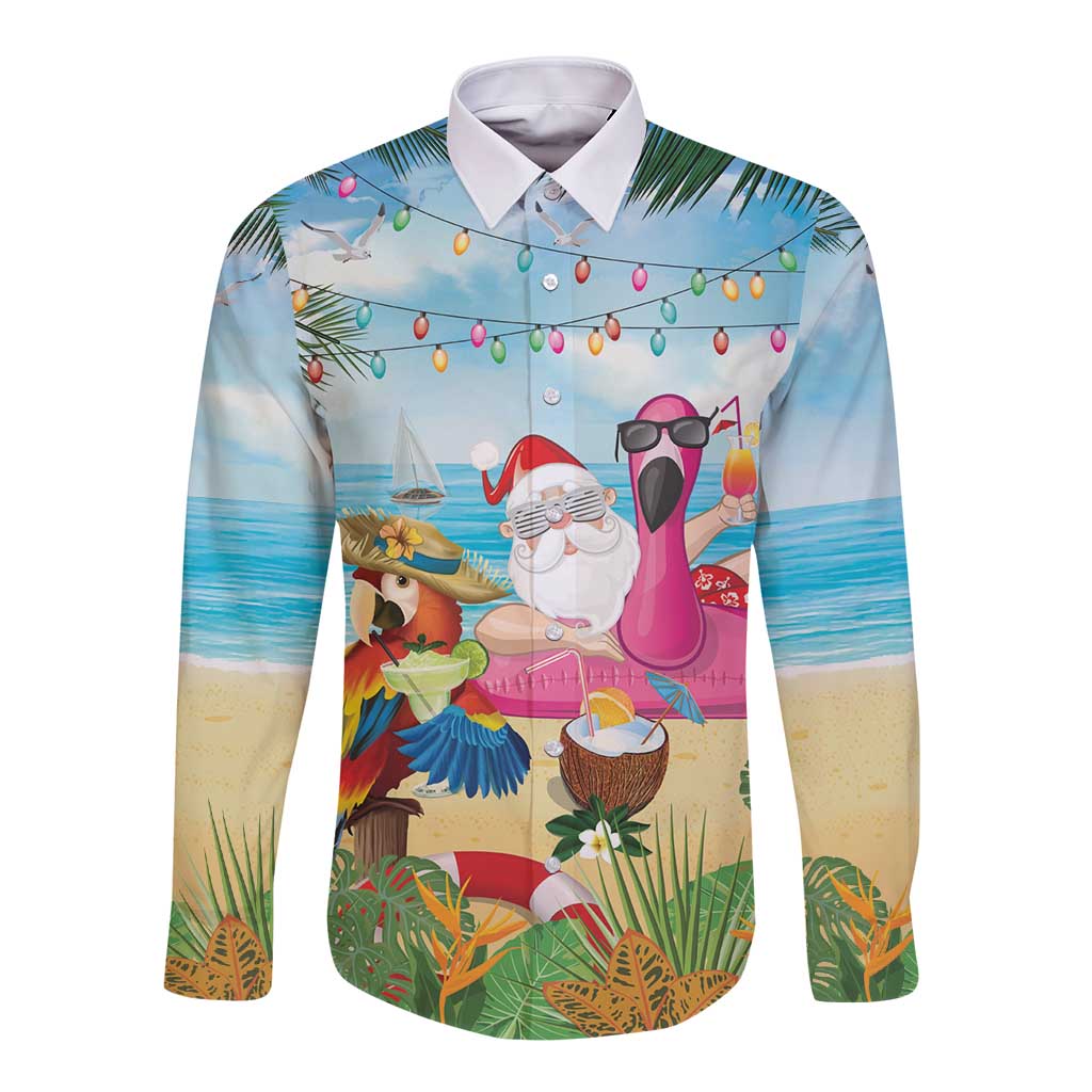 Have Yourself A Beachy Little Christmas Long Sleeve Button Shirt with Santa Chilling - Wonder Print Shop