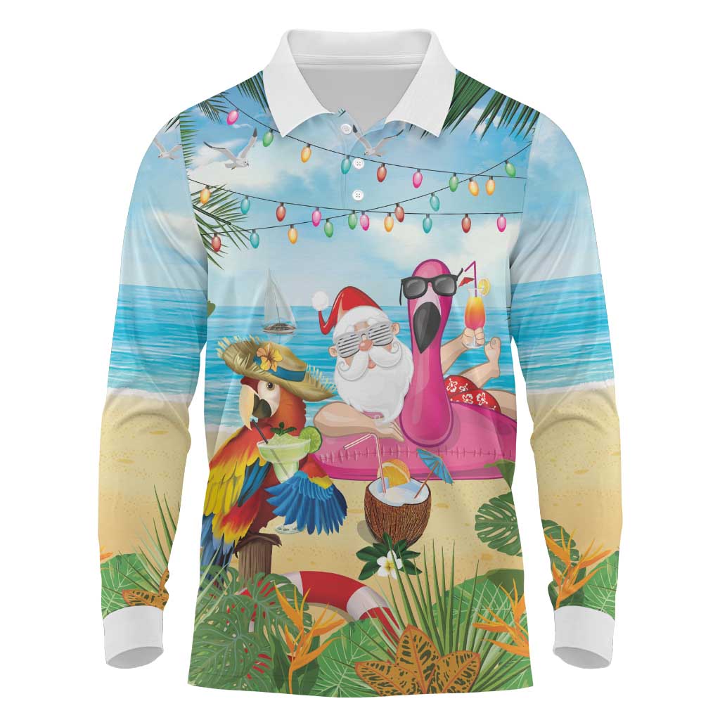 Have Yourself A Beachy Little Christmas Long Sleeve Polo Shirt with Santa Chilling - Wonder Print Shop
