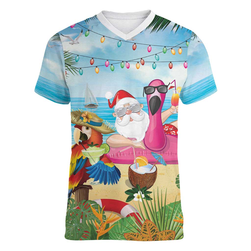 Have Yourself A Beachy Little Christmas Women V-Neck T-Shirt with Santa Chilling - Wonder Print Shop