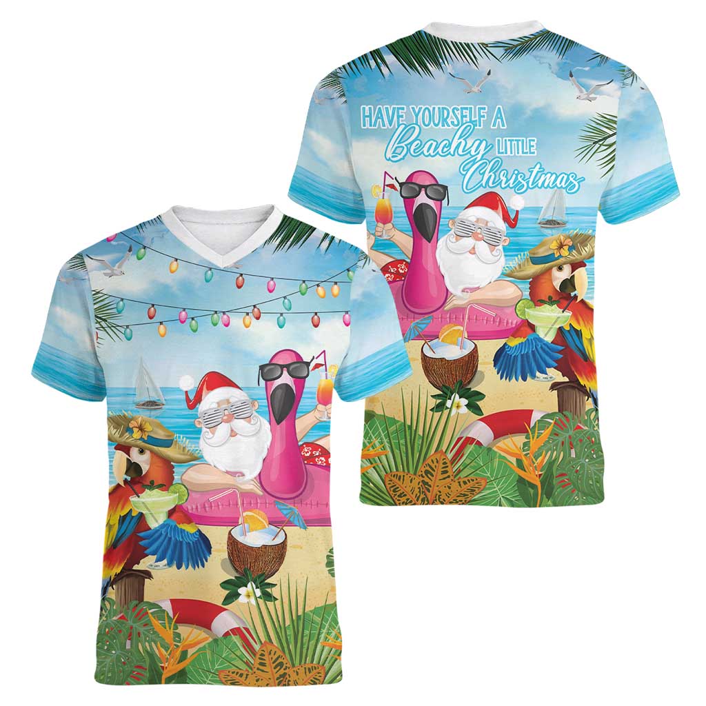 Have Yourself A Beachy Little Christmas Women V-Neck T-Shirt with Santa Chilling - Wonder Print Shop