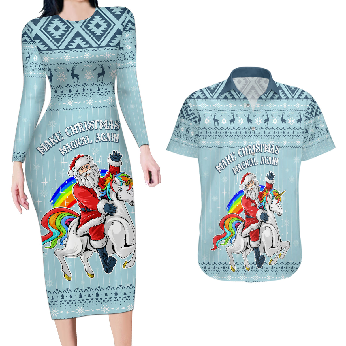 Unicorn - Make Christmas Magical Again Couples Matching Long Sleeve Bodycon Dress and Hawaiian Shirt LT7 - Wonder Print Shop