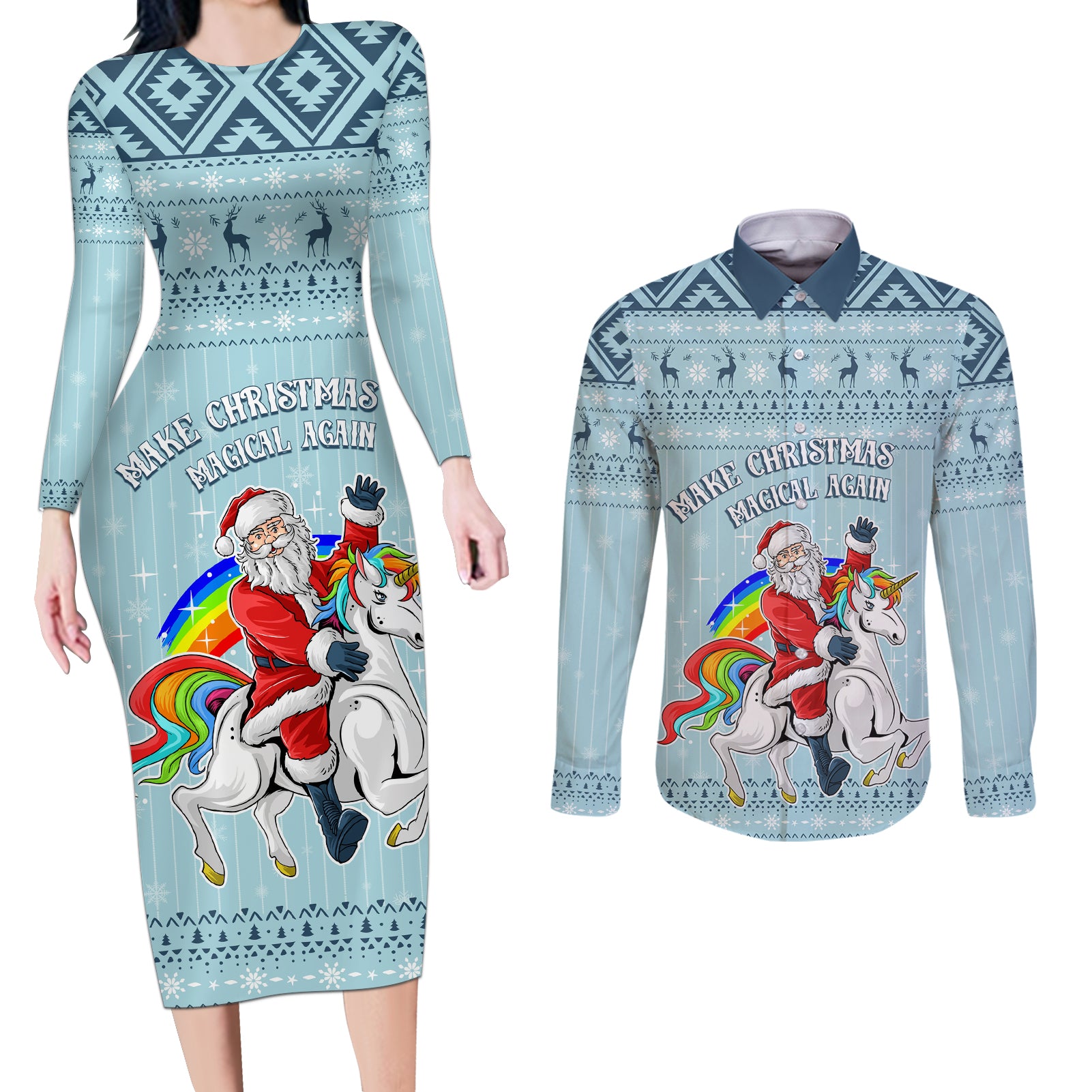 Unicorn - Make Christmas Magical Again Couples Matching Long Sleeve Bodycon Dress and Long Sleeve Button Shirt LT7 - Wonder Print Shop