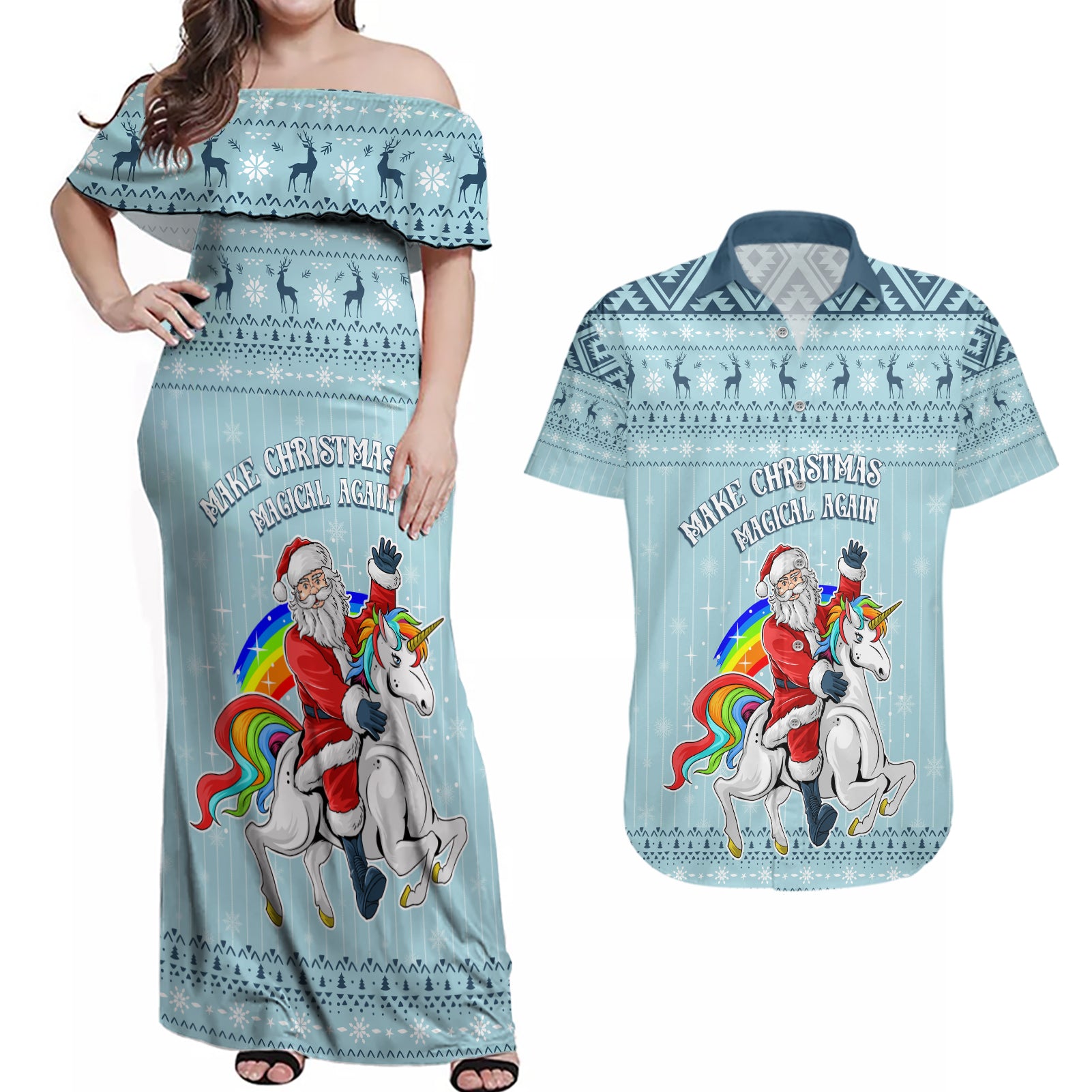Unicorn - Make Christmas Magical Again Couples Matching Off Shoulder Maxi Dress and Hawaiian Shirt LT7 - Wonder Print Shop