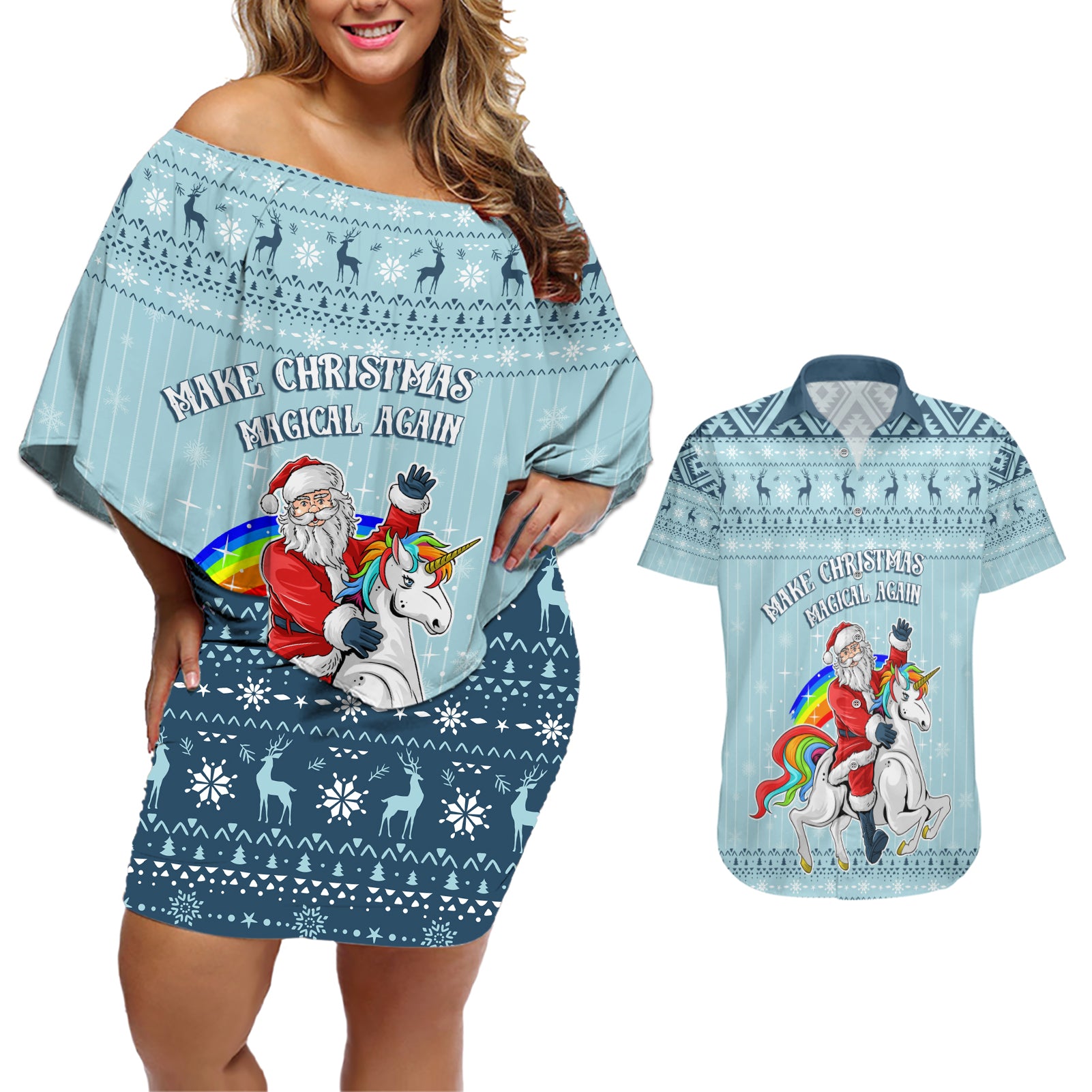 Unicorn - Make Christmas Magical Again Couples Matching Off Shoulder Short Dress and Hawaiian Shirt LT7 - Wonder Print Shop