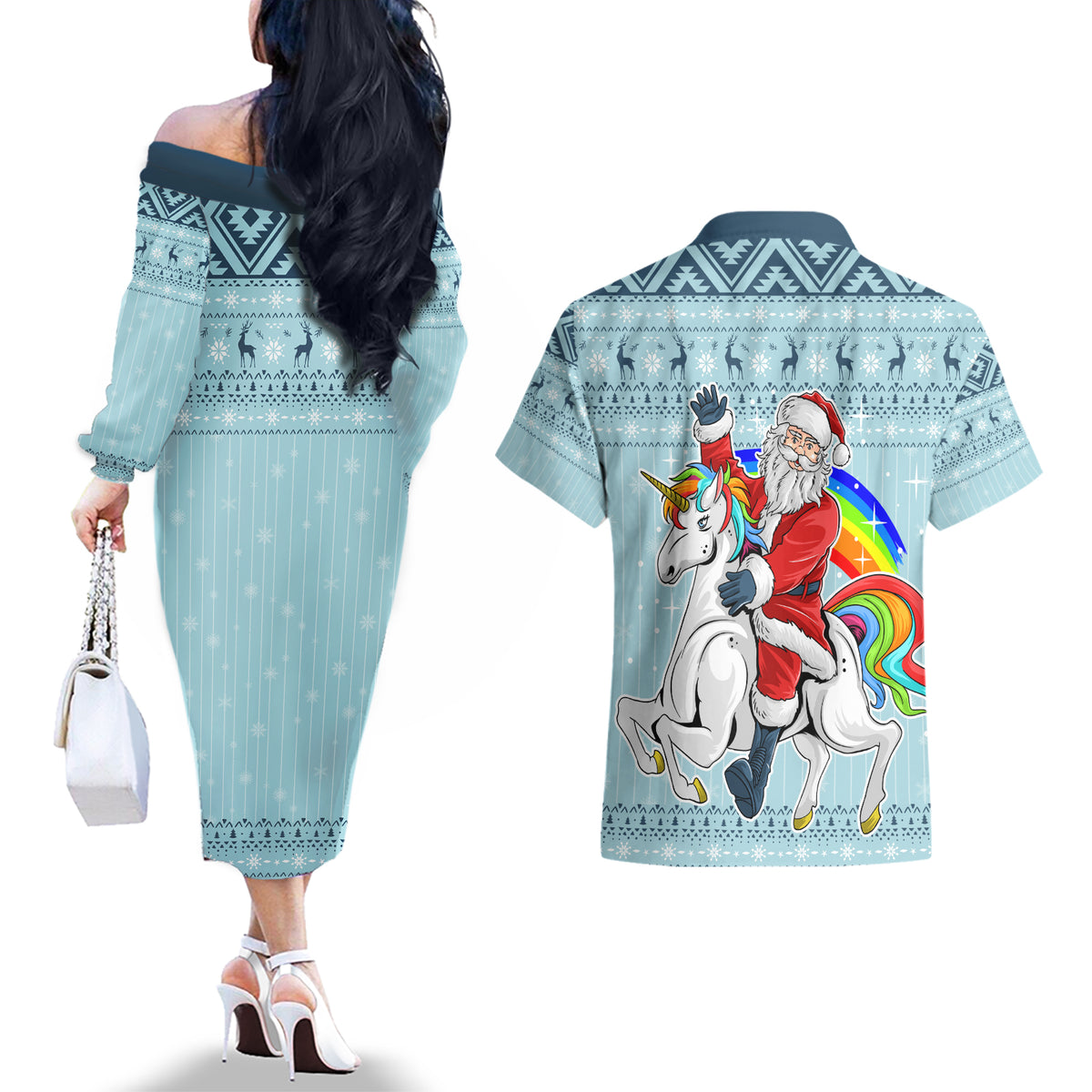 Unicorn - Make Christmas Magical Again Couples Matching Off The Shoulder Long Sleeve Dress and Hawaiian Shirt LT7 - Wonder Print Shop