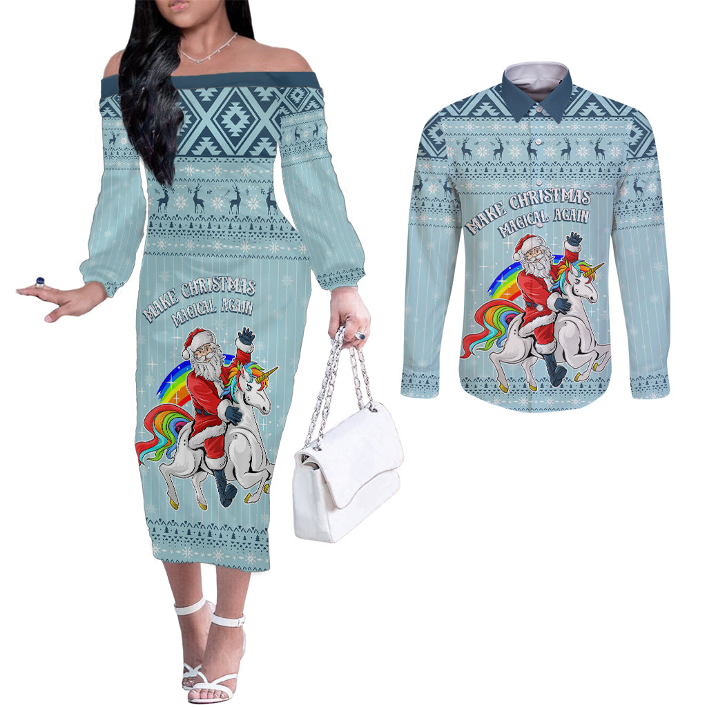 unicorn-make-christmas-magical-again-couples-matching-off-the-shoulder-long-sleeve-dress-and-long-sleeve-button-shirt