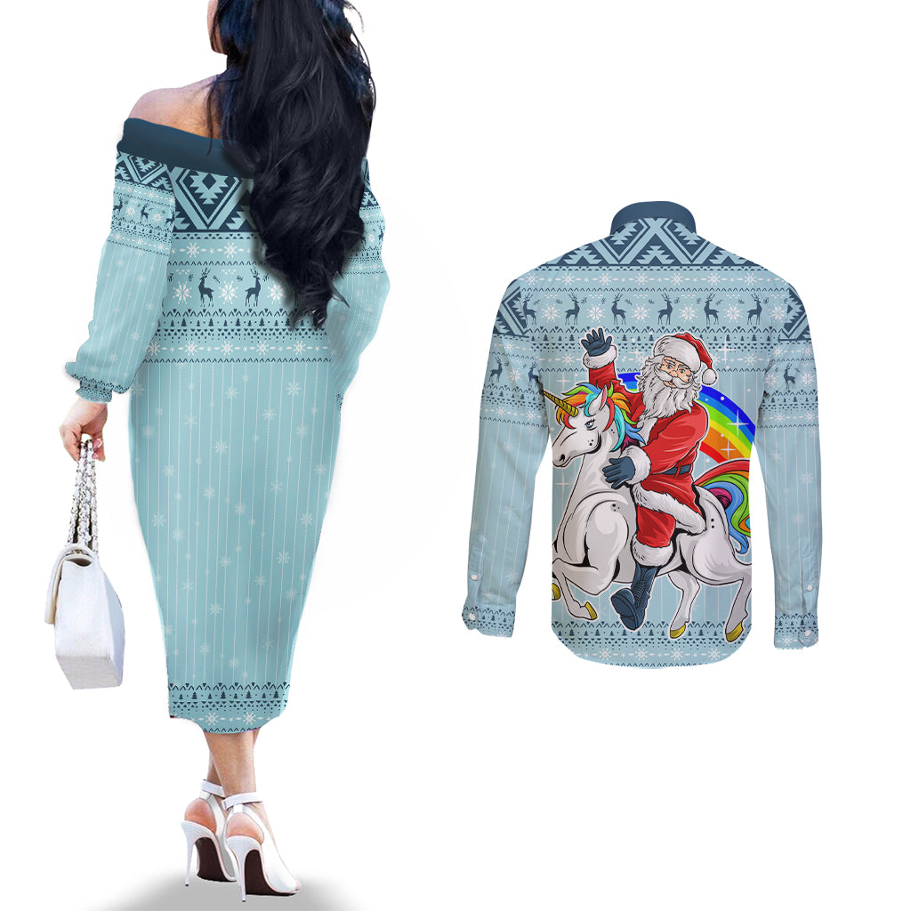 unicorn-make-christmas-magical-again-couples-matching-off-the-shoulder-long-sleeve-dress-and-long-sleeve-button-shirt