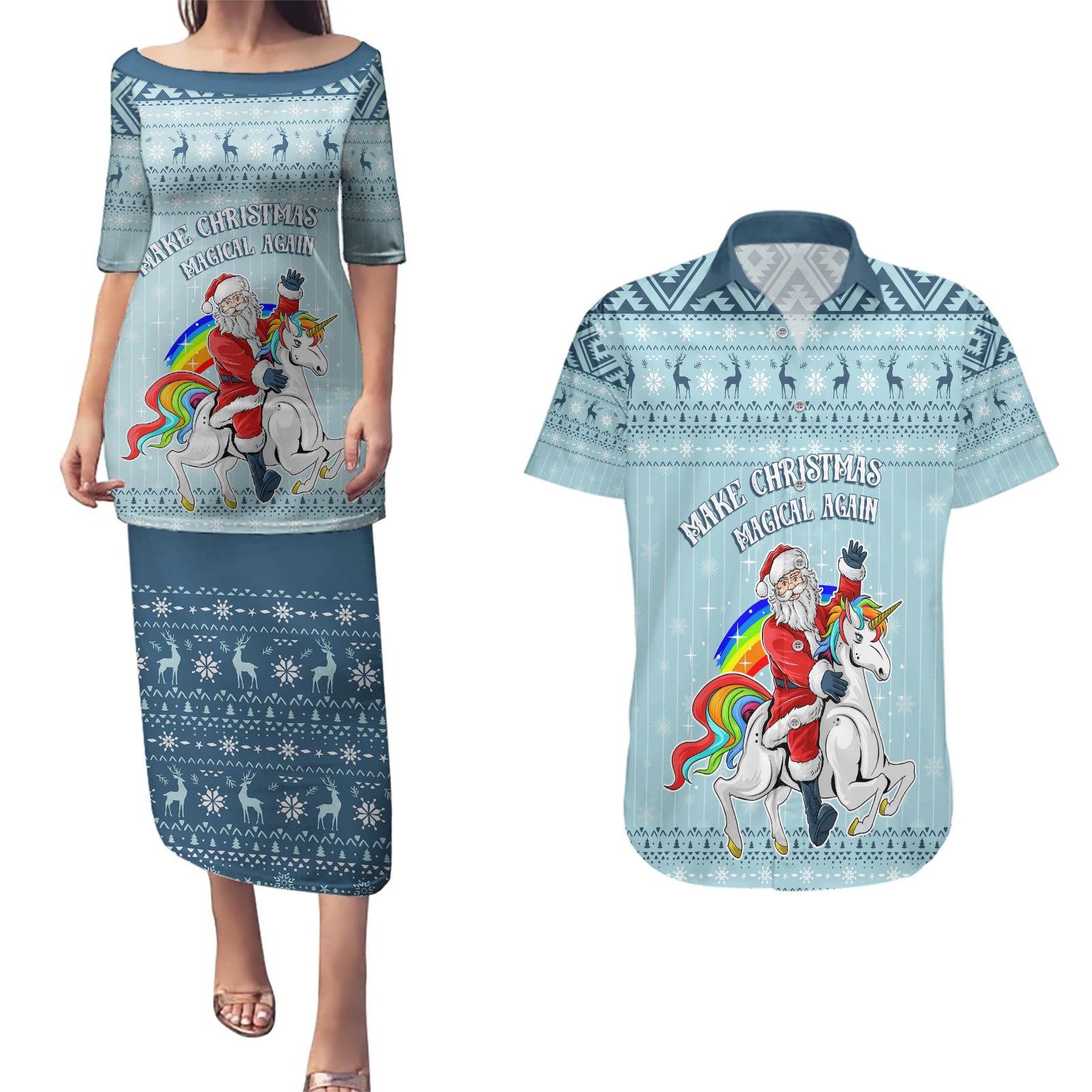 Unicorn - Make Christmas Magical Again Couples Matching Puletasi Dress and Hawaiian Shirt LT7 - Wonder Print Shop