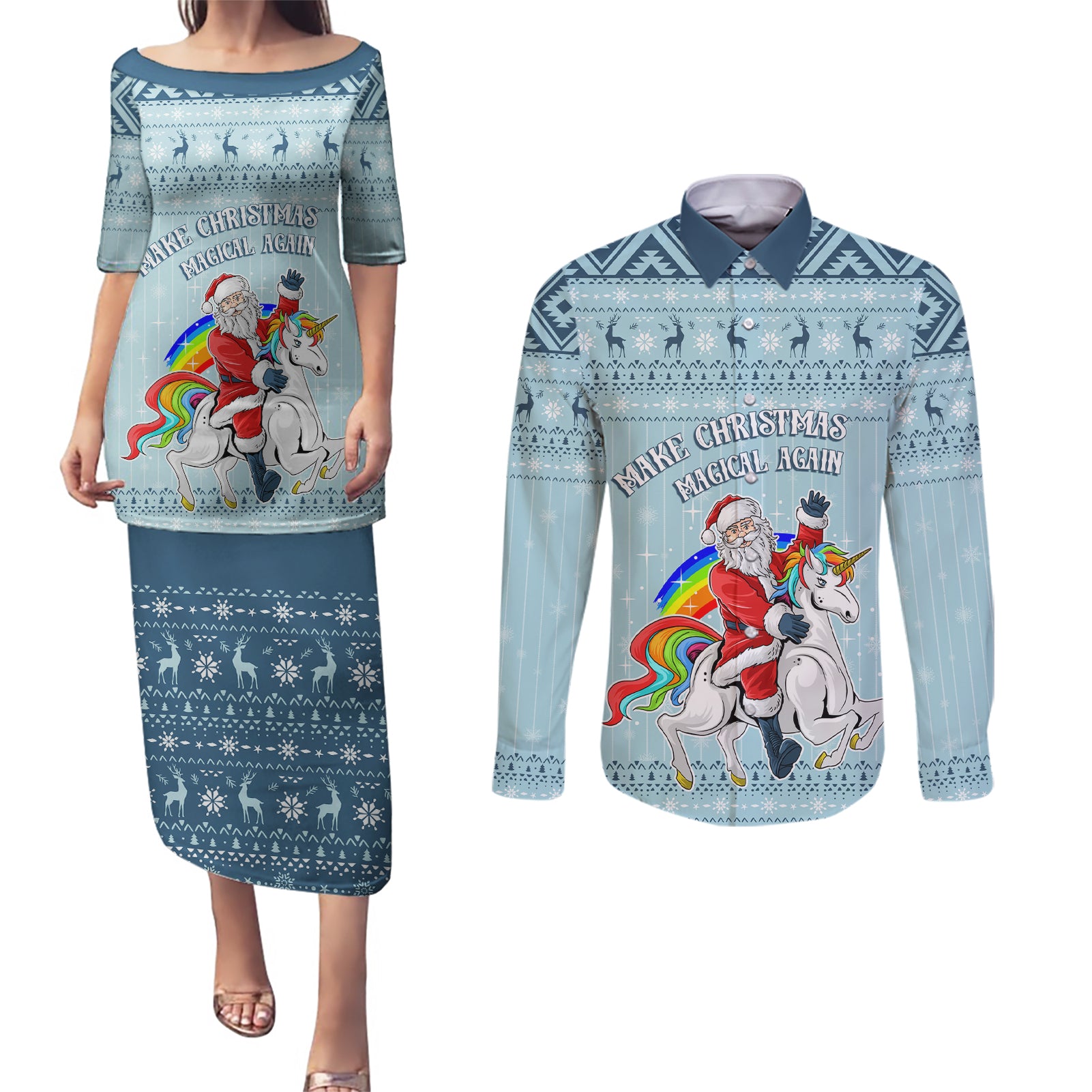 Unicorn - Make Christmas Magical Again Couples Matching Puletasi Dress and Long Sleeve Button Shirt LT7 - Wonder Print Shop