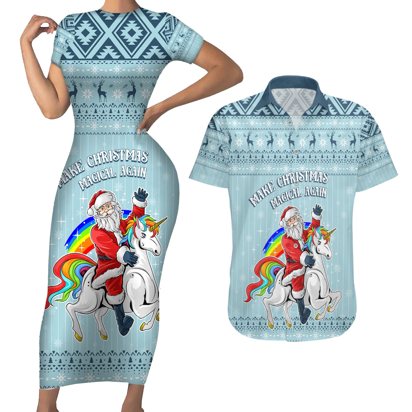 Unicorn - Make Christmas Magical Again Couples Matching Short Sleeve Bodycon Dress and Hawaiian Shirt LT7 - Wonder Print Shop