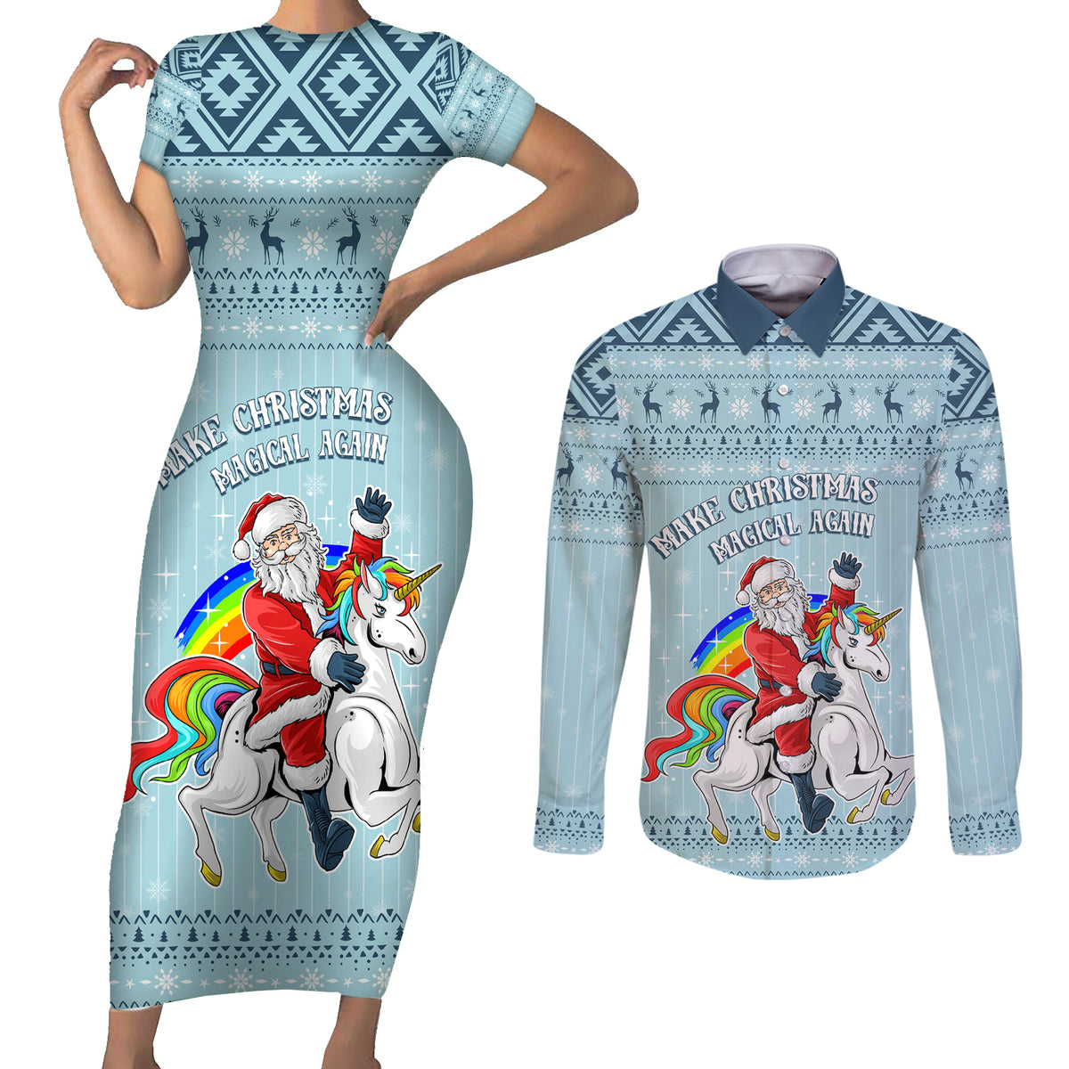 Unicorn - Make Christmas Magical Again Couples Matching Short Sleeve Bodycon Dress and Long Sleeve Button Shirt LT7 - Wonder Print Shop