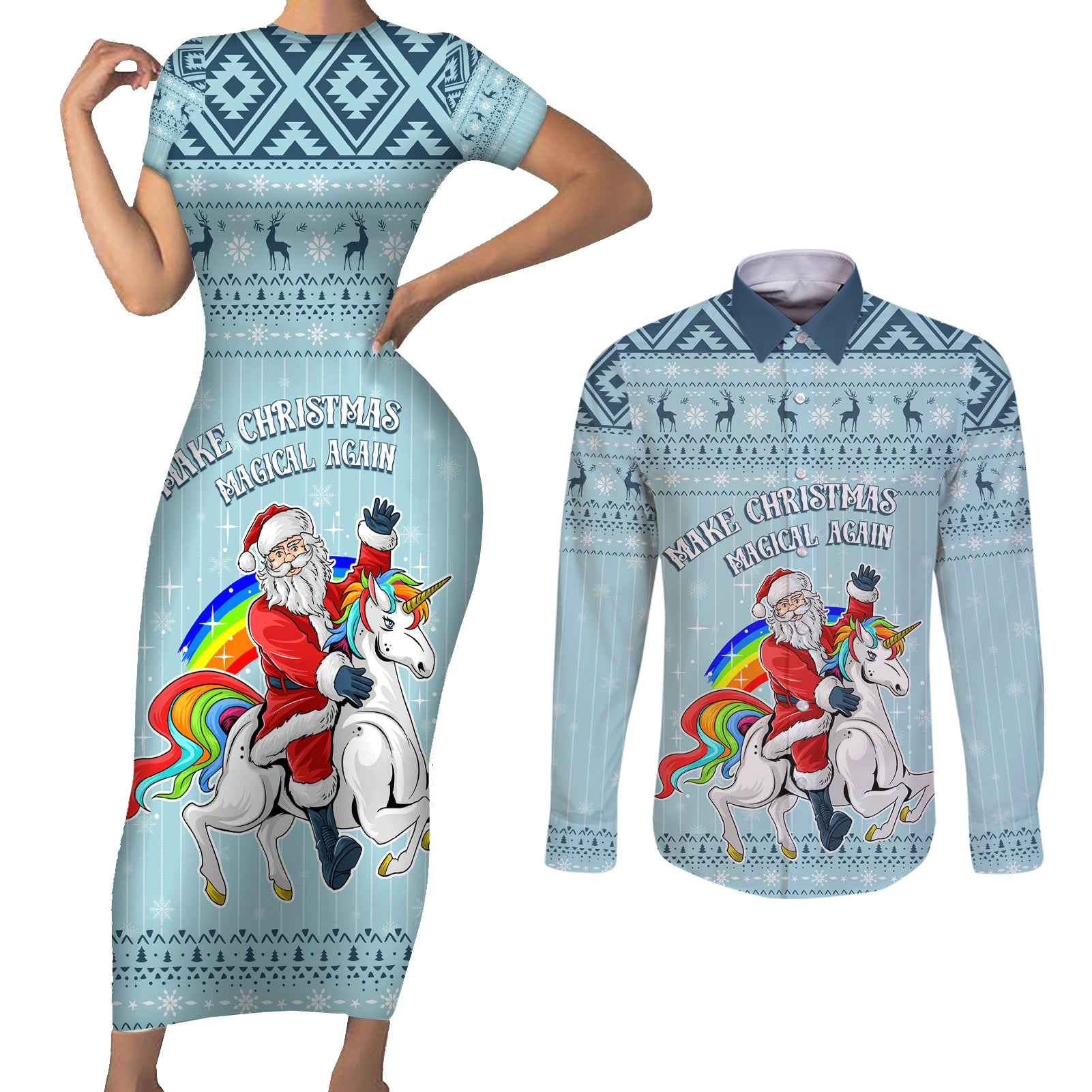 Unicorn - Make Christmas Magical Again Couples Matching Short Sleeve Bodycon Dress and Long Sleeve Button Shirt LT7 - Wonder Print Shop