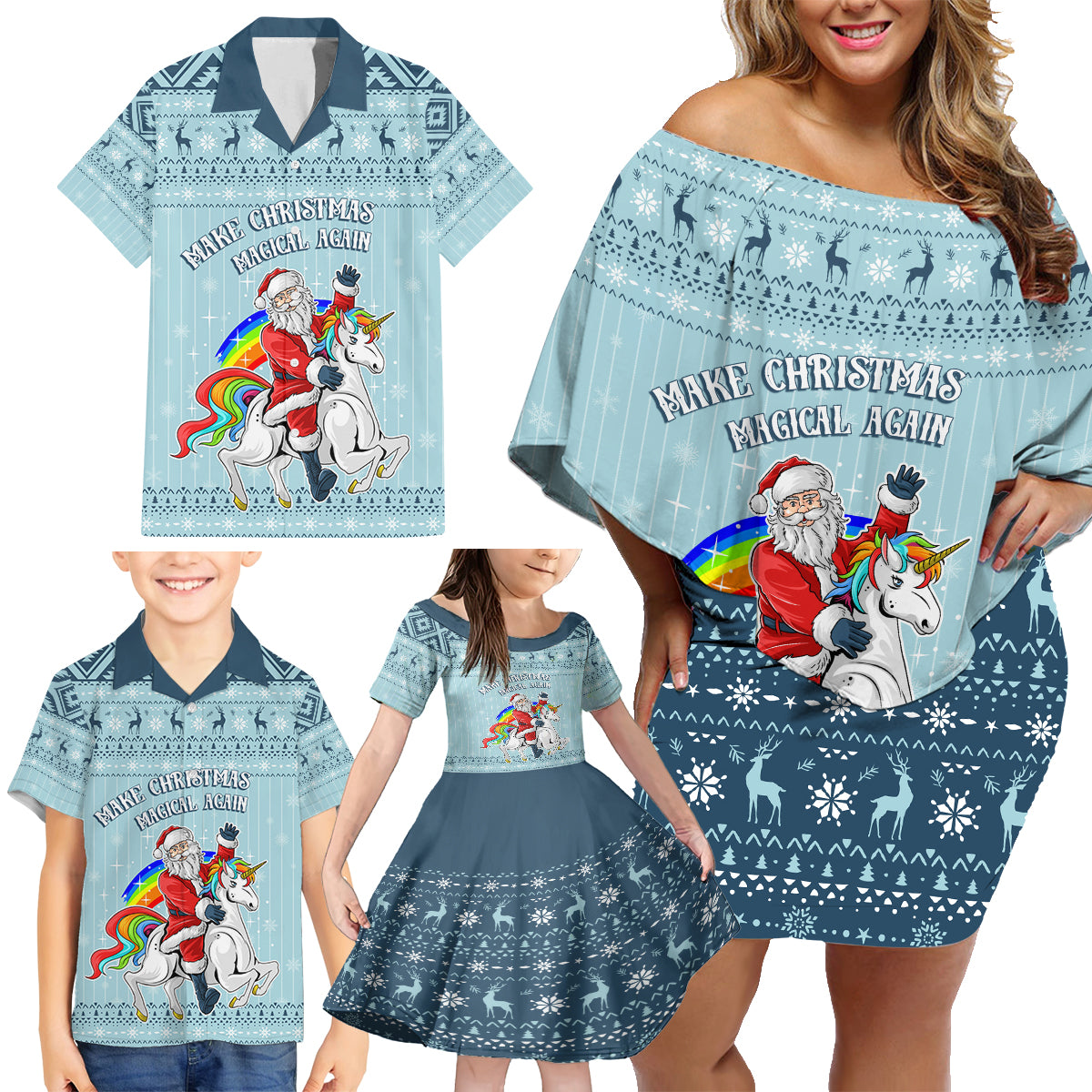 Unicorn - Make Christmas Magical Again Family Matching Off Shoulder Short Dress and Hawaiian Shirt LT7 - Wonder Print Shop