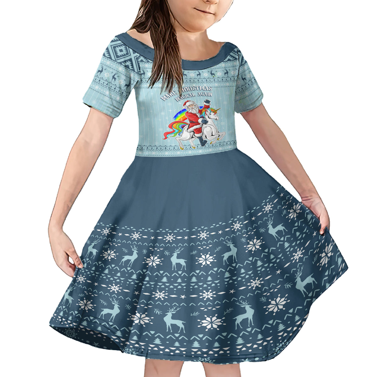 Unicorn - Make Christmas Magical Again Family Matching Short Sleeve Bodycon Dress and Hawaiian Shirt - Wonder Print Shop