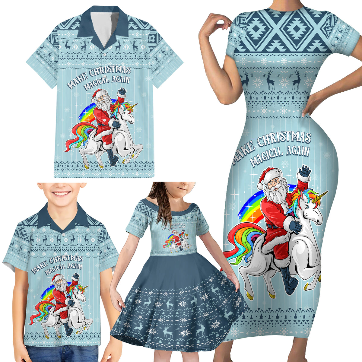 Unicorn - Make Christmas Magical Again Family Matching Short Sleeve Bodycon Dress and Hawaiian Shirt - Wonder Print Shop