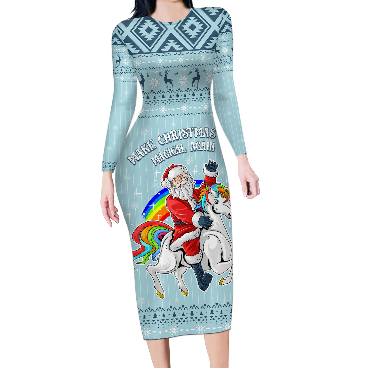 Unicorn - Make Christmas Magical Again Long Sleeve Bodycon Dress - Wonder Print Shop