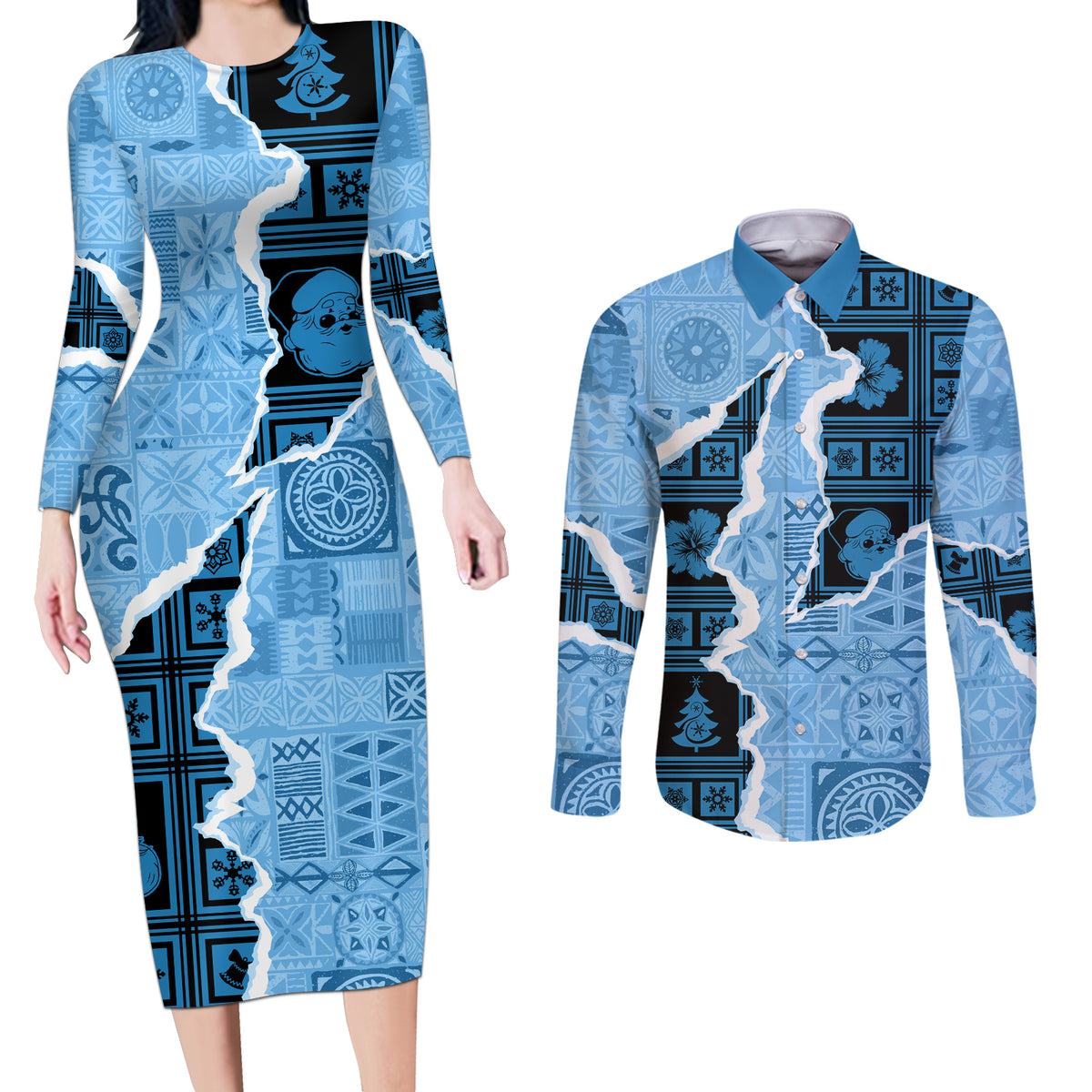 Bula Fiji Tapa Mix Christmas Couples Matching Long Sleeve Bodycon Dress and Long Sleeve Button Shirt Vintage Style LT7 - Wonder Print Shop