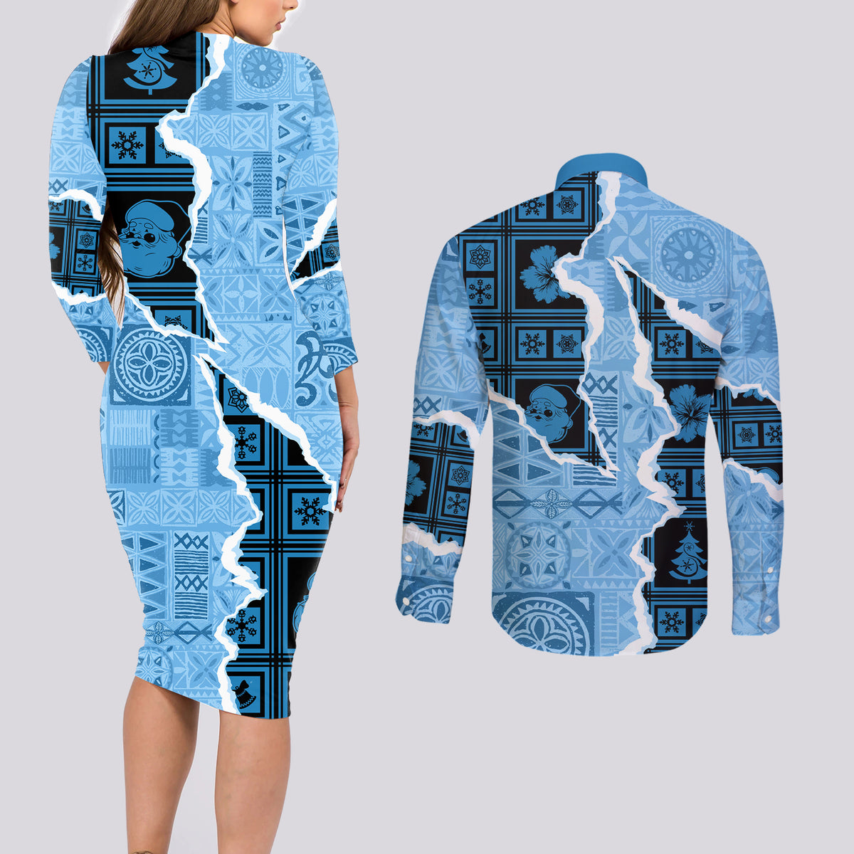 Bula Fiji Tapa Mix Christmas Couples Matching Long Sleeve Bodycon Dress and Long Sleeve Button Shirt Vintage Style LT7 - Wonder Print Shop
