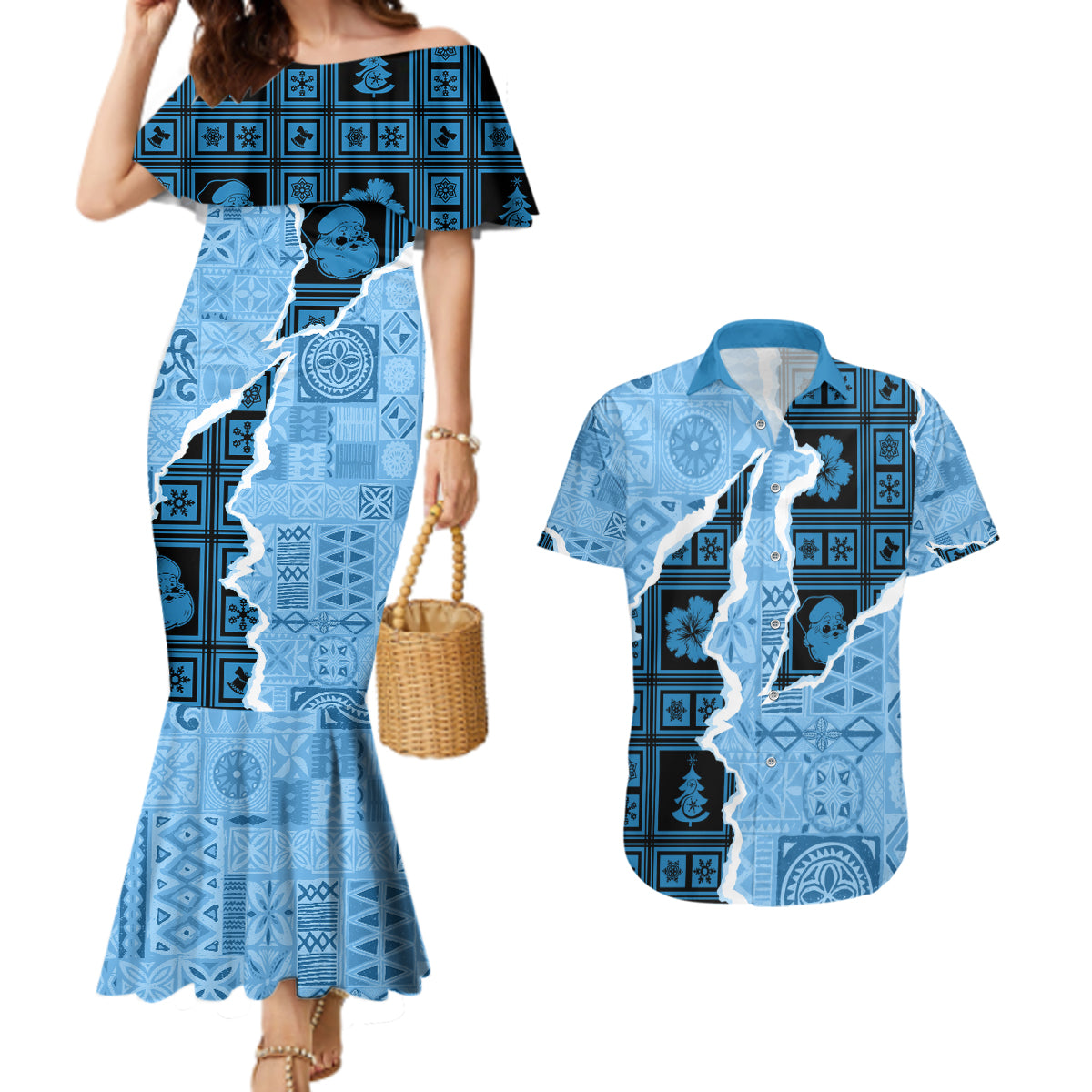 Bula Fiji Tapa Mix Christmas Couples Matching Mermaid Dress and Hawaiian Shirt Vintage Style LT7 - Wonder Print Shop