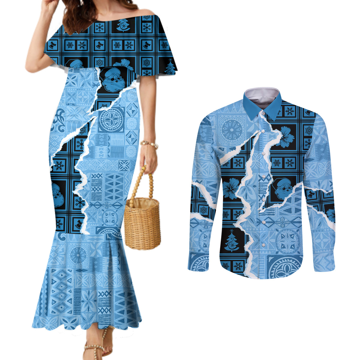 bula-fiji-tapa-mix-christmas-couples-matching-mermaid-dress-and-long-sleeve-button-shirt-vintage-style
