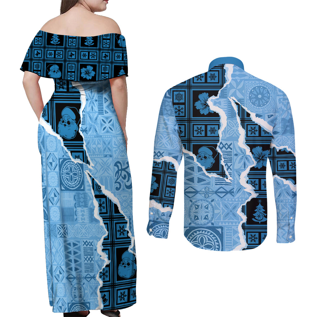 Bula Fiji Tapa Mix Christmas Couples Matching Off Shoulder Maxi Dress and Long Sleeve Button Shirt Vintage Style LT7 - Wonder Print Shop