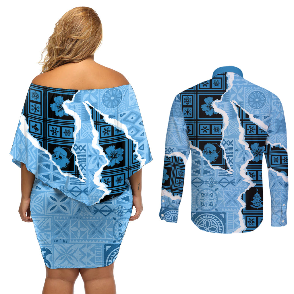 Bula Fiji Tapa Mix Christmas Couples Matching Off Shoulder Short Dress and Long Sleeve Button Shirt Vintage Style LT7 - Wonder Print Shop