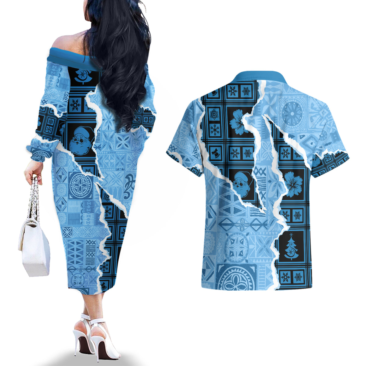 Bula Fiji Tapa Mix Christmas Couples Matching Off The Shoulder Long Sleeve Dress and Hawaiian Shirt Vintage Style LT7 - Wonder Print Shop